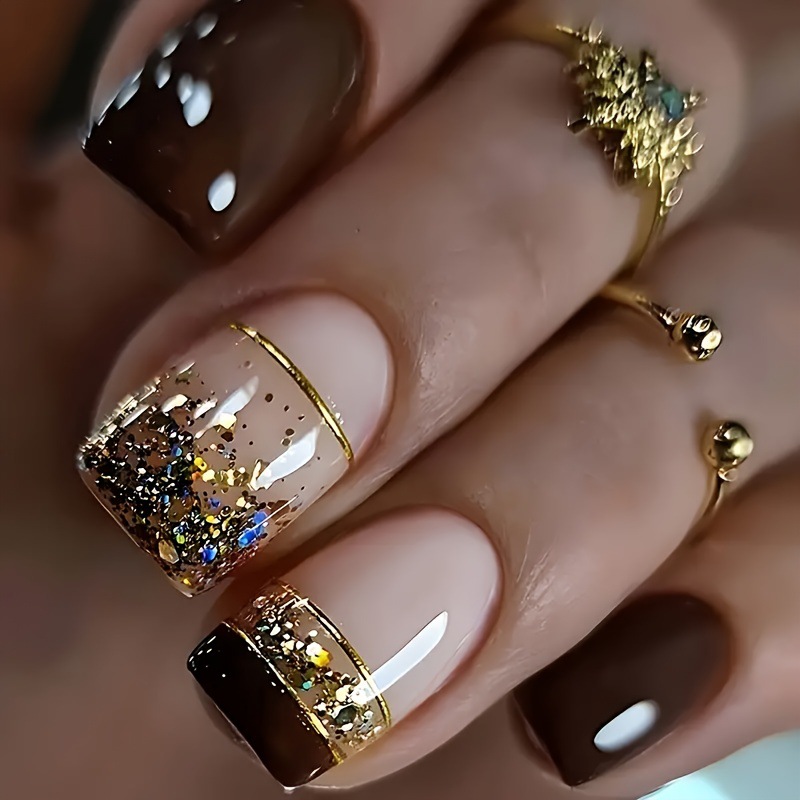 Nail Art Gliter - Kuku palsu pendek persegi untuk wanita,